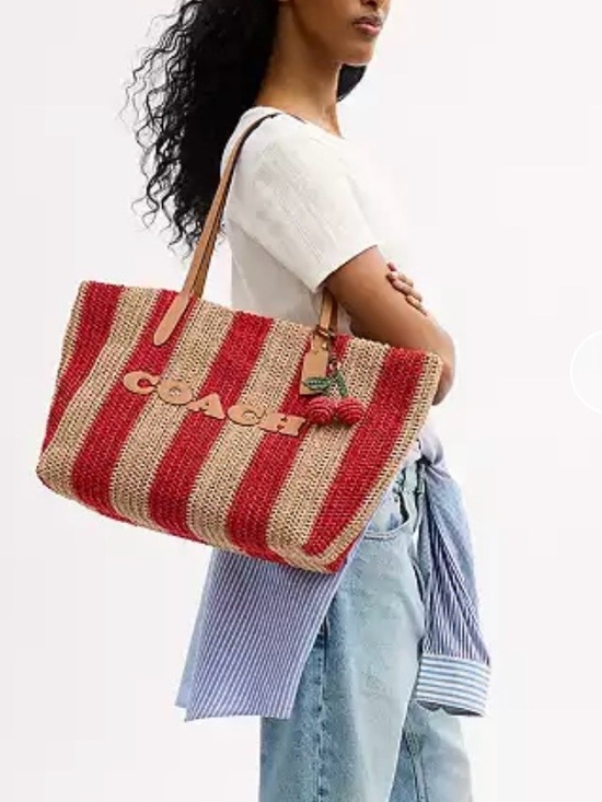 Coach Handbags - Coach Red and Cream Striped Crochet Tote with Pom-Pom Charm straw city tote new